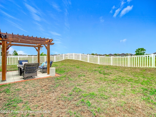 view of yard with a fenced backyard, a pergola, and a patio area