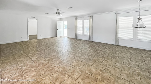 empty room with light tile patterned floors, visible vents, baseboards, and a ceiling fan