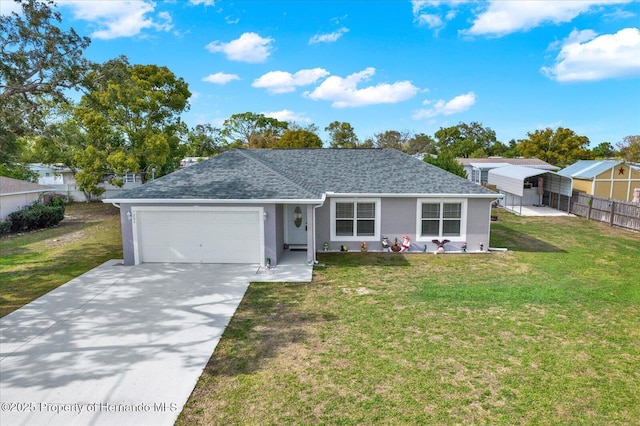 ranch-style home featuring a shingled roof, a front lawn, concrete driveway, stucco siding, and a garage