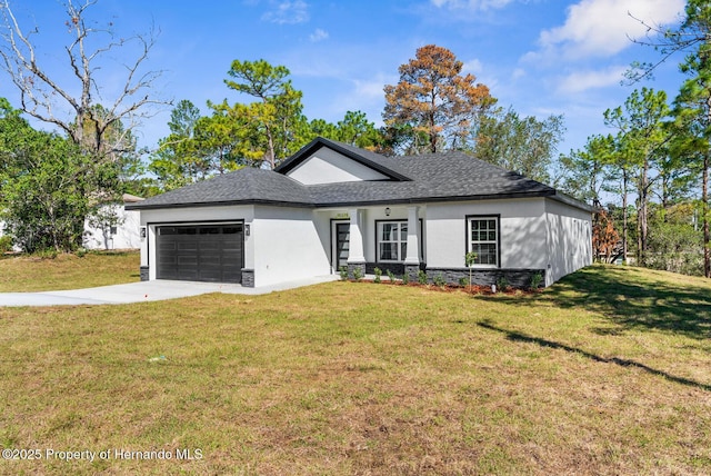 ranch-style house with stucco siding, driveway, a front lawn, and a garage