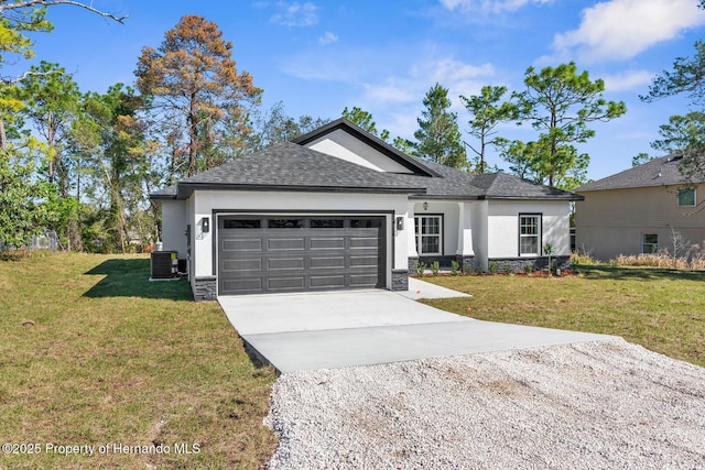 ranch-style house featuring central AC, stucco siding, concrete driveway, a front lawn, and a garage