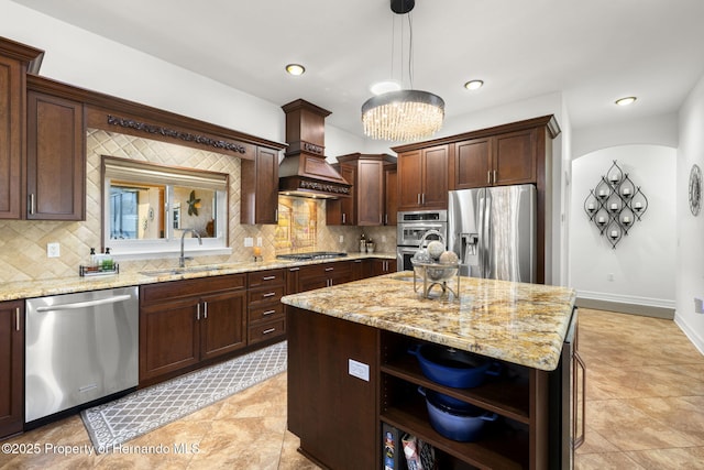 kitchen with a sink, dark brown cabinetry, custom exhaust hood, stainless steel appliances, and open shelves