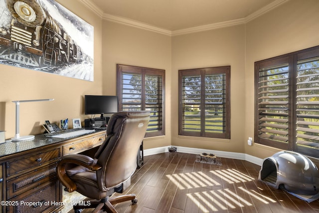 office area with baseboards, wood tiled floor, and crown molding