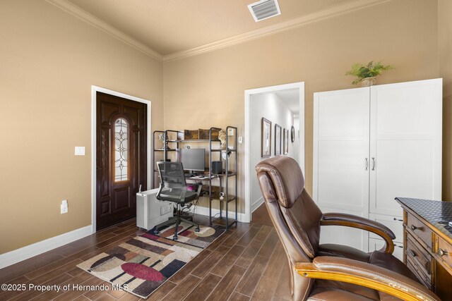 office area with wood finish floors, visible vents, baseboards, and crown molding