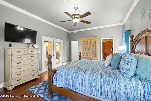 bedroom featuring french doors, dark wood-type flooring, ceiling fan, and crown molding