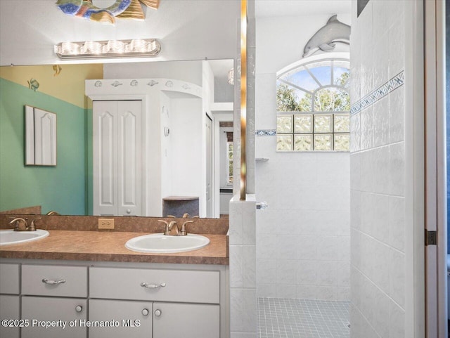 bathroom featuring a sink, walk in shower, and double vanity