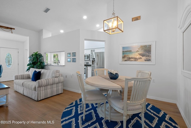 dining room featuring recessed lighting, visible vents, baseboards, and wood finished floors