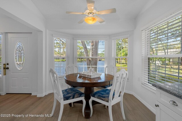 dining space with a water view, a ceiling fan, baseboards, and light wood finished floors