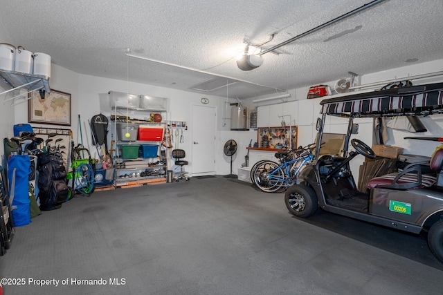 garage with gas water heater and a garage door opener