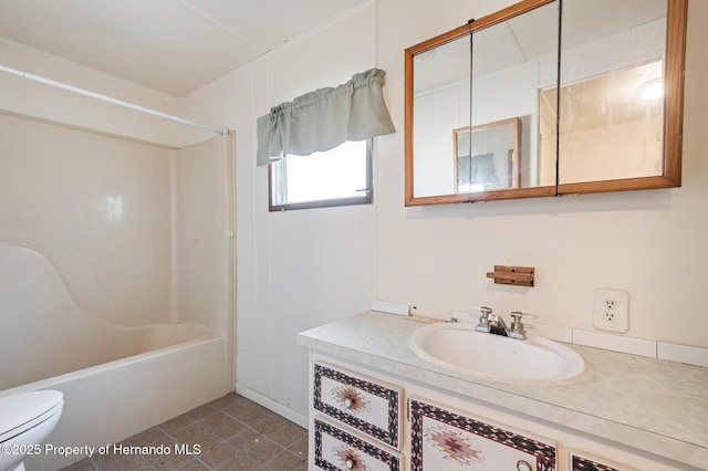 bathroom featuring tile patterned flooring, shower / bathtub combination, toilet, and vanity