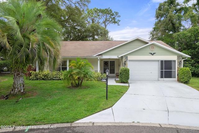 single story home featuring a front lawn, a garage, driveway, and a shingled roof