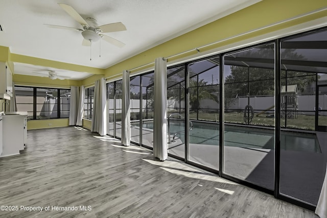 exterior space featuring ceiling fan and wood finished floors