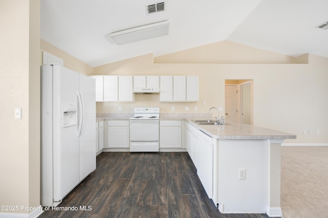 kitchen with visible vents, under cabinet range hood, a peninsula, white appliances, and a sink