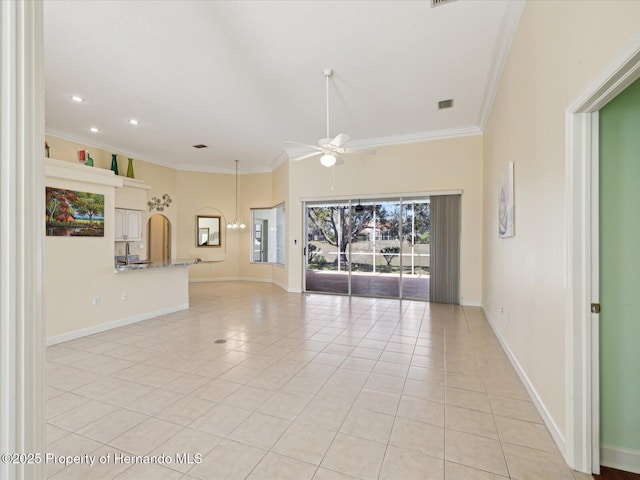 unfurnished living room featuring a ceiling fan, baseboards, visible vents, light tile patterned flooring, and crown molding