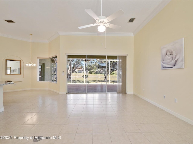 unfurnished room with visible vents, ornamental molding, light tile patterned flooring, and ceiling fan with notable chandelier