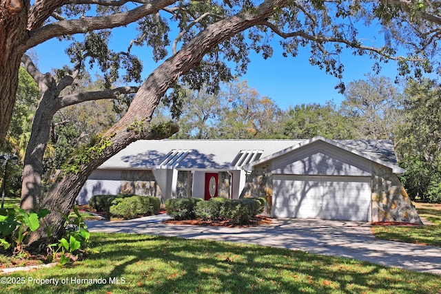 mid-century home with concrete driveway, a garage, and a front lawn