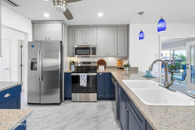 kitchen with visible vents, appliances with stainless steel finishes, marble finish floor, a ceiling fan, and a sink