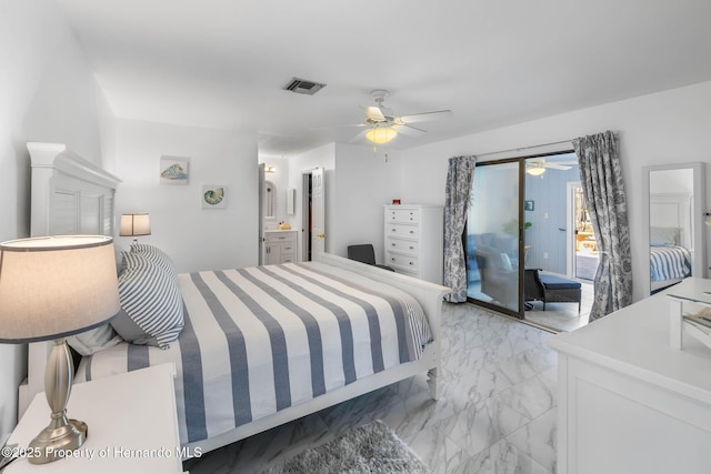 bedroom featuring access to exterior, visible vents, connected bathroom, marble finish floor, and a ceiling fan