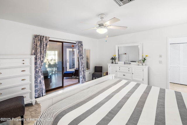 bedroom featuring a ceiling fan and visible vents