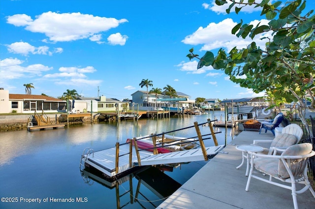 dock area featuring a water view and a residential view