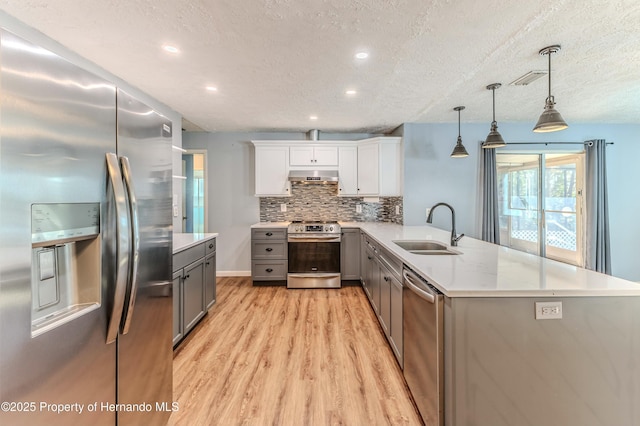 kitchen featuring gray cabinets, a sink, under cabinet range hood, backsplash, and appliances with stainless steel finishes
