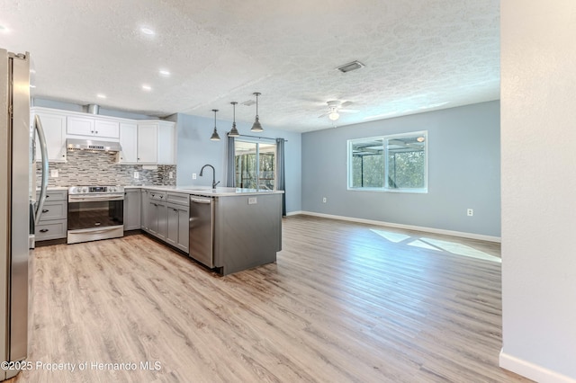 kitchen with ceiling fan, under cabinet range hood, decorative backsplash, a peninsula, and stainless steel appliances