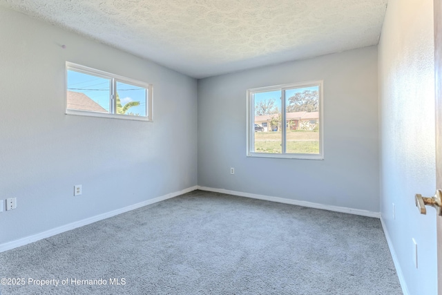 carpeted spare room featuring baseboards, plenty of natural light, and a textured ceiling