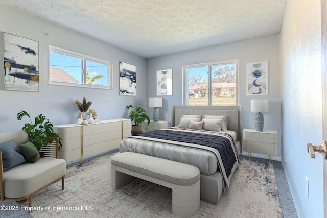 carpeted bedroom featuring baseboards, multiple windows, and a textured ceiling