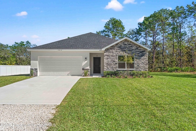 single story home featuring a front yard, an attached garage, stone siding, and stucco siding