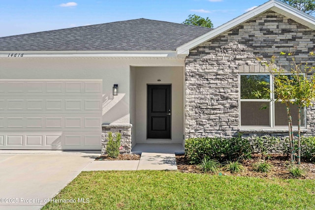 doorway to property with driveway, roof with shingles, stucco siding, a garage, and stone siding