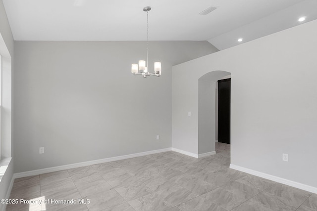 empty room with a notable chandelier, lofted ceiling, recessed lighting, arched walkways, and baseboards