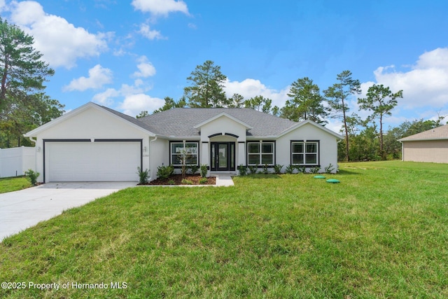 ranch-style house with a shingled roof, a front lawn, concrete driveway, stucco siding, and an attached garage