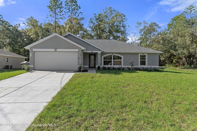 ranch-style house featuring stucco siding, cooling unit, concrete driveway, a front yard, and a garage