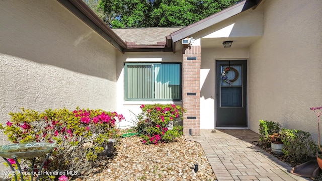 view of exterior entry featuring brick siding and stucco siding