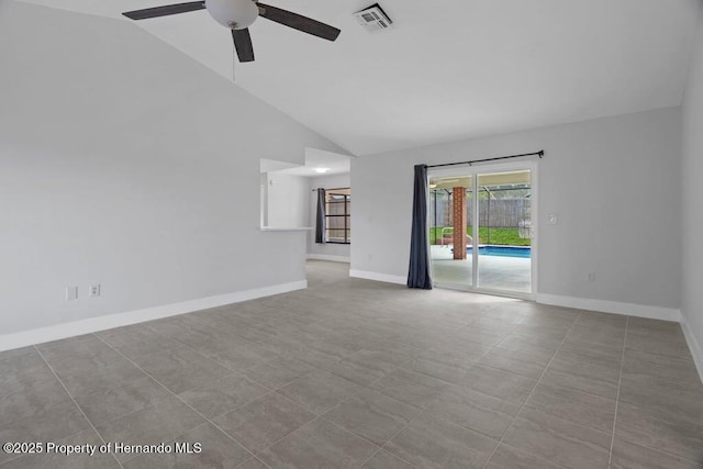 11080 Marquette St, Spring Hill, FL 34609 - tiled spare room featuring visible vents, baseboards, a ceiling fan, and high vaulted ceiling