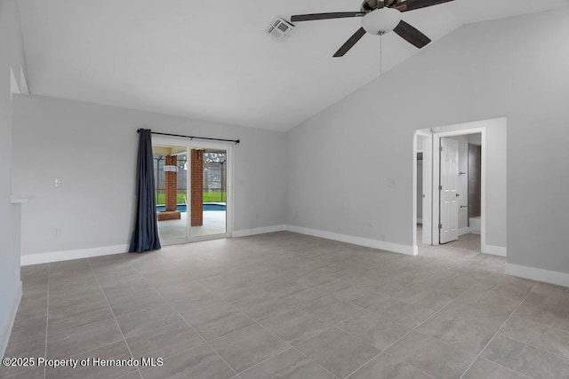 11080 Marquette St, Spring Hill, FL 34609 - spare room featuring high vaulted ceiling, baseboards, a ceiling fan, and visible vents