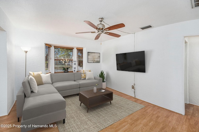 living area featuring a textured ceiling, ceiling fan, visible vents, and light wood finished floors