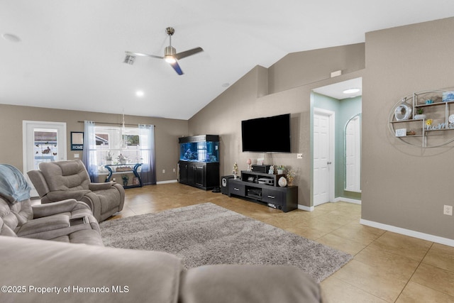 1018 Stratton Ave, Spring Hill, FL 34609 - living area with high vaulted ceiling, visible vents, baseboards, a ceiling fan, and light tile patterned floors