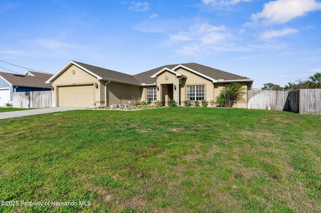 1018 Stratton Ave, Spring Hill, FL 34609 - ranch-style house with driveway, a front yard, stucco siding, fence, and a garage