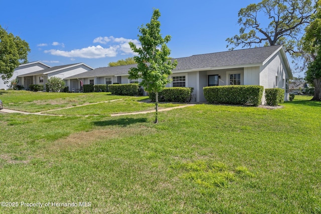 ranch-style house featuring stucco siding and a front lawn