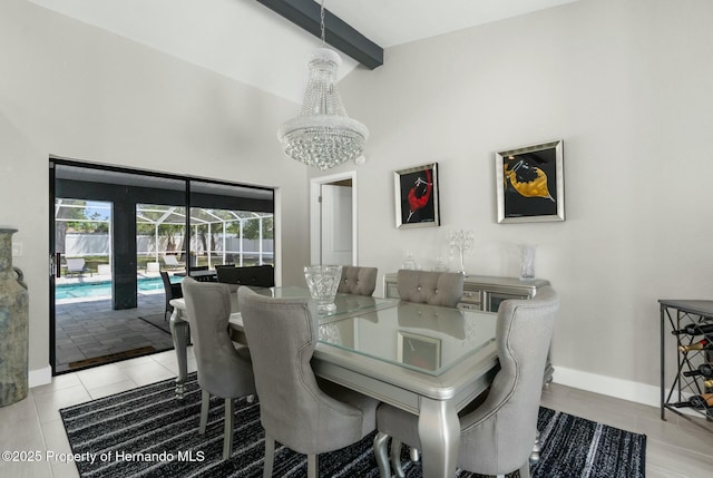 1156 Battersea Ave, Spring Hill, FL 34609 - dining area featuring an inviting chandelier, light tile patterned floors, high vaulted ceiling, baseboards, and beam ceiling