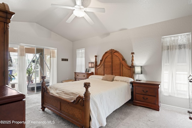 bedroom featuring lofted ceiling, baseboards, access to outside, ceiling fan, and light carpet