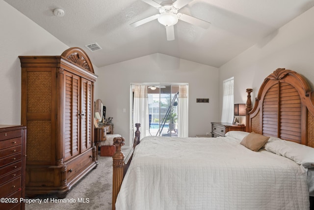bedroom featuring lofted ceiling, access to outside, carpet floors, ceiling fan, and visible vents