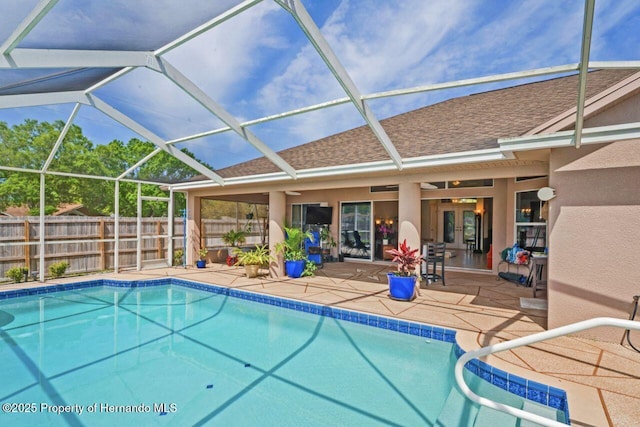 view of pool featuring a patio area, fence, french doors, and a fenced in pool