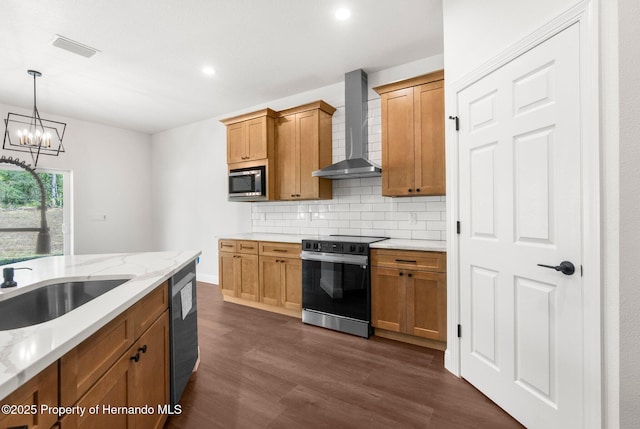 16043 Penn State Rd, Weeki Wachee, FL 34614 - kitchen featuring electric range, wall chimney exhaust hood, stainless steel microwave, dark wood-style floors, and backsplash