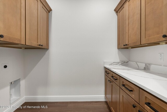 16043 Penn State Rd, Weeki Wachee, FL 34614 - laundry area featuring baseboards, cabinet space, electric dryer hookup, and wood finished floors