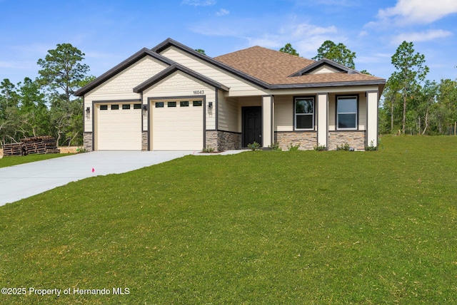 16043 Penn State Rd, Weeki Wachee, FL 34614 - craftsman inspired home featuring stone siding, concrete driveway, an attached garage, a front yard, and a shingled roof
