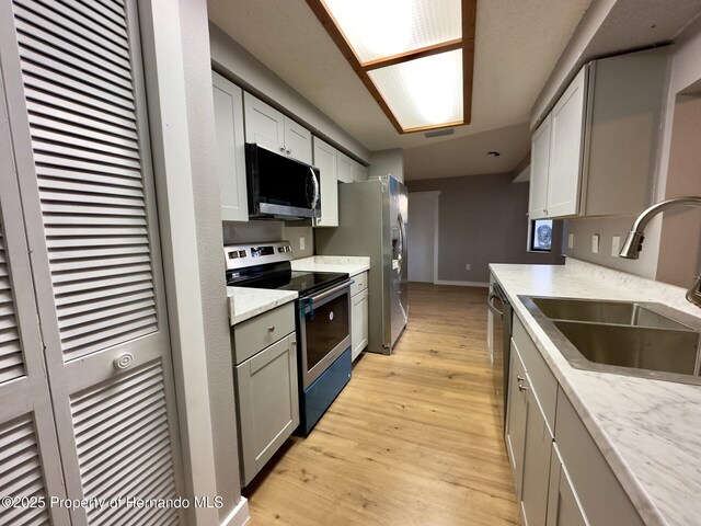 2253 Estill Ave, Spring Hill, FL 34609 - kitchen featuring electric stove, a sink, light wood finished floors, a heating unit, and gray cabinetry