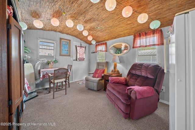 6448-2 W Richard Dr, Weeki Wachee, FL 34607 - living area with vaulted ceiling, carpet flooring, and wooden ceiling