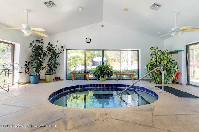 view of pool featuring an indoor hot tub and ceiling fan